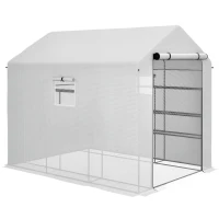 Outsunny 8' x 6' x 7' Portable Walk in Greenhouse with Mesh, Door, Windows, 18 Shelf, Trellis, Plant Labels, White(m-11)