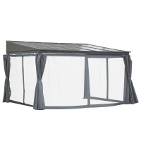 Outsunny 10' x 13' Outdoor Patio Gazebo with Sloping Polycarbonate Roof, Durable Aluminum Frame, & Netting Curtain(m-1)
