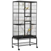 PawHut 71" Bird Cage with Wheels Perches, Ramp, Storage Shelf, Toys for Canaries, Finches, Cockatiels, Parakeets, Black(m-11)
