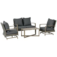 Outsunny 4 Piece Wicker Patio Furniture Set with 2 Rocking Chairs, Loveseat Sofa, Outdoor PE Rattan Conversation Set with Cushions, Aluminum Table for Porch, Poolside, Dark Gray(m-1)