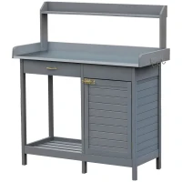 Outsunny Outdoor Potting Bench Table, Garden Work Station with Storage Cabinet, Open Shelf and Steel Tabletop, Gray(m-1)