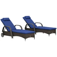Outsunny 2 Piece Reclining Chaise Lounge Chairs, Rolling Outdoor Chairs with Cushion, Pillow, Headrest, Armrests, Wheels, Brown(m-11)