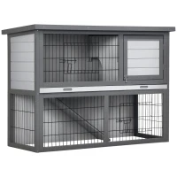 PawHut 42.5" Wooden Rabbit Hutch Bunny Cage Small Animal House Enclosure with Ramp, Removable Tray and Weatherproof Roof for Outdoor, Gray(m-1)