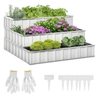 Outsunny 3 Tier Raised Garden Bed Outdoor Metal Patio Planter Box with Gloves,  4' x 4' x 2' for Backyard, Patio to Grow Vegetables, Herbs, and Flowers, White
