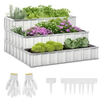 Outsunny 3 Tier Raised Garden Bed Outdoor Metal Patio Planter Box with Gloves,  4' x 4' x 2' for Backyard, Patio to Grow Vegetables, Herbs, and Flowers, White(m-1)
