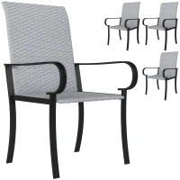 Outsunny Set of 4 Outdoor Wicker Dining Chairs with Armrest, Steel Frame, High Back and Deep Seating, Gray(m-11)