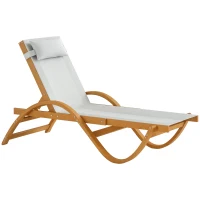 Outsunny Larch Wood Lounge Chair, 4-Level Adjustable Tanning Chair, Full Flat Patio Lounger with Mesh Seat, Cream White(m-11)