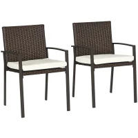 Outsunny PE Rattan Outdoor Dining Chair Set with Cushion, 2 Patio Wicker Dining Chairs with Backrest, Cream White(m-11)