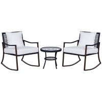 Outsunny 3 Piece Patio Rocking Bistro Set, Outdoor PE Rattan Wicker Rocking Chairs with Cushioned, Pillows, Two-Tier Glass Storage Shelf Coffee Table, Cream White