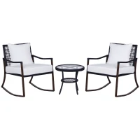 Outsunny 3 Piece Patio Rocking Bistro Set, Outdoor PE Rattan Wicker Rocking Chairs with Cushioned, Pillows, Two-Tier Glass Storage Shelf Coffee Table, Cream White(m-1)