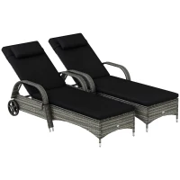Outsunny 2 Reclining Chaise Lounge Chairs, Rolling Outdoor Chairs with Cushion, Pillow, Headrest, Armrests, and Wheels, Black(m-11)