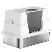 PawHut XL Stainless Steel Litter Box w/ 100° Flip Top, Scoop, Side Top Dual Entry, Odor Free, Easy Cleaning, Anti Leakage(m-2)