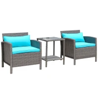 Outsunny 3 Piece Patio Furniture Set w/ Cushions, PE Rattan Outdoor Table And Chairs, 2-Tier Glass Top Coffee Table, Green(m-1)