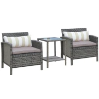 Outsunny 3 Piece Patio Furniture Set w/ Cushions, PE Rattan Outdoor Table And Chairs, 2-Tier Glass Top Coffee Table, Striped(m-1)