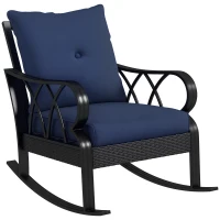 Outsunny Outdoor Wicker Rocking Chair with Padded Cushions, Aluminum Furniture, Rattan Porch Rocker Chair w/ Armrest, Navy Blue(m-11)