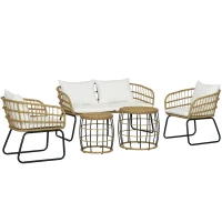 Outsunny 5 Piece PE Rattan Outdoor Furniture Set with Cushioned Chairs, Loveseat Sofa & Stackable Coffee Tables, Cream White(m-11)