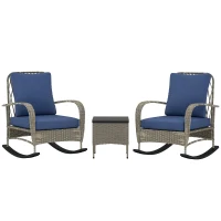 Outsunny 3 Piece Wicker Patio Furniture Set, Outdoor PE Rattan Rocking Chairs with Coffee Table, Cushions for Porch, Gray(m-11)