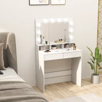 HOMCOM Vanity Table, Makeup Dressing Table with LED Lighting Mirror, Charging Station and Drawers for Bedroom, White(m-1)