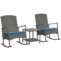 Outsunny 3 Piece Patio Rocking Chair Set, 2 PE Wicker Rocking Chairs, Cushioned, 1 Two-Tier Wood Slat Coffee Table, Rattan Front Porch Furniture, Blue(m-1)