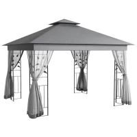Outsunny 10' x 11.5' Metal Patio Gazebo, Double Roof Outdoor Gazebo Canopy Shelter w/Tree Motifs Corner Frame and Netting, Gray(m-11)
