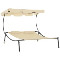 Outsunny Patio Double Chaise Lounge Chair, Outdoor Wheeled Hammock Daybed with Adjustable Canopy and Pillow for Sun Room, Garden, or Poolside, Beige(m-1)
