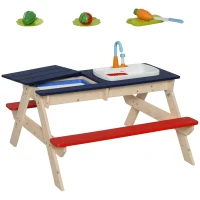 Outsunny Sand & Water Table with Sandbox, Outdoor  with Kitchen Toys, Kids Picnic Table and Bench Set Water Circulation Faucet and Vegetable Accessories(m-1)