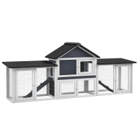 PawHut Outdoor Rabbit House 83" 2 Story Deluxe XL Wooden Rabbit Hutch, Big Bunny Cage w/ Ladder and Run, Dark Gray(m-11)