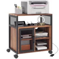 Vinsetto Printer Stand with Socket and USB Charging Ports, Industrial Mobile Printer Table with Storage and Wheels, Rustic Brown(m-11)