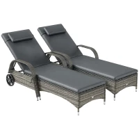 Outsunny 2 Reclining Chaise Lounge Chairs, Rolling Outdoor Chairs with Cushion, Pillow, Headrest, Armrests, and Wheels, Gray(m-11)