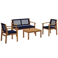 Outsunny 4 Piece Patio Sofa Set, Acacia Wood Outdoor Furniture with Cushions, Slatted Wood Top Coffee Table, Blue(m-11)