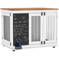 PawHut 39" Dog Crate Furniture Side Table for Large Dogs with Three Doors, Blackboard & Non-Slip Foot Pads, White(m-11)