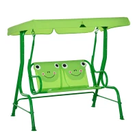 Outsunny Porch Swing for Kids with Adjustable Canopy to Block Sun at Angles, Kids Swing Chair with Seatbelts, Frog Pattern, Gift for Kids Ages 3-6, Green(m-1)
