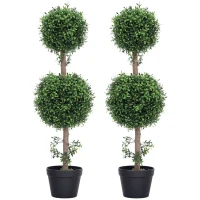 HOMCOM Set of 2 Artificial Ball Boxwood Topiary Trees, Fake Plants in Pot for Indoor Outdoor Living Room Green(m-11)