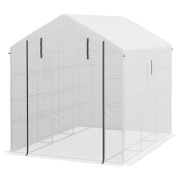 Outsunny 8' x 6' x 7' Portable Walk in Greenhouse with Mesh, Door, Windows, 18 Shelf, Trellis, Plant Labels, White