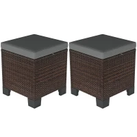 Outsunny 2 Piece Wicker Outdoor Ottomans with Cushions, Rattan Ottoman Footrest and Side Table for Patio, Yard, Poolside, Gray(m-11)