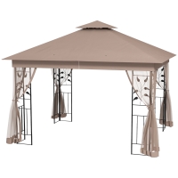 Outsunny 10' x 11.5' Metal Patio Gazebo, Double Roof Outdoor Gazebo Canopy Shelter w/Tree Motifs Corner Frame and Netting, Brown