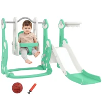 Qaba 4 in 1 Toddler Slide and Swing Set for Ages 1.5-4, Toddler Playset Playground with Climber, Basketball Hoop, Green(m-11)