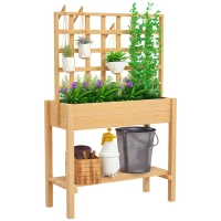 Outsunny Wooden Raised Garden Bed with Trellis, Outdoor Planter Box with Storage Shelf for Vegetables, Flowers, Herbs(m-11)