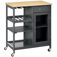 HOMCOM Rolling Kitchen Island with Storage, Kitchen Cart with 4-bottle Wine Rack, Bar Cart with Stemware Holder, Shelves, Drawer and Cabinet, Gray