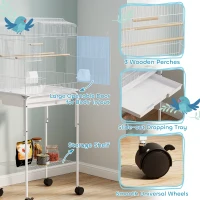 PawHut 49" Rolling Bird Cage Cockatoo House Play Top Finch Pet Supply with Storage Shelf, Wheels - White(m-5)