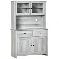 HOMCOM 63.5" Kitchen Buffet with Hutch, Pantry Storage Cabinet with 4 Shelves, Drawers, Framed Glass Doors, Open Microwave Countertop, Ash Grey(m-1)