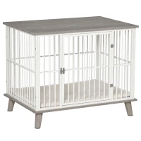 PawHut Dog Crate Furniture, Wooden End Table with Cushion & Lockable Door, Medium Size Pet Crate Indoor Puppy Cage, Grey(m-1)