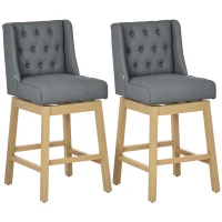 HOMCOM Set of 2 Barstools, 180 Degree Swivel Kitchen Island Stool Dining Room Chairs with Solid Wood Footrests and Button Tufted Design, Grey(m-2)