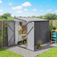 Outsunny 4.6' x 9' Steel Outdoor Storage Shed, Lean to Shed, Metal Tool House with Foundation Kit, Lockable Doors, Gloves and 2 Air Vents for Backyard, Patio, Lawn, Grey(m-8)