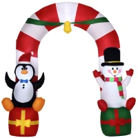 Outsunny 9ft Christmas Inflatable Candy Cane Archway with Penguin Snowman Sit on Gift Box, Blow-Up Outdoor LED Yard Display for Lawn Garden(m-2)