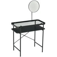 HOMCOM Modern Glasstop Vanity Table with Mirror,  Makeup Dressing Table with Rotating Round Mirror, Shelves for Perfumes, Cosmetics, Lotions, Black(m-1)