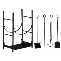 Outsunny Firewood Rack with Fireplace Tools, Indoor Outdoor Firewood Holder, Flat Bottom with 2 Tiers for Fireplace, Wood Stove, Hearth or Fire Pit, Black(m-1)