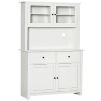 HOMCOM 63.5" Kitchen Buffet with Hutch, Pantry Storage Cabinet with 4 Shelves, Drawers, Framed Glass Doors, Open Microwave Countertop, Antique White(m-1)