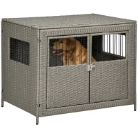 PawHut Rattan Dog Crate with Double Doors, Wicker Dog Cage with Soft Washable Cushion, Dog Kennel Furniture Outdoor Indoor for Medium to Large Sized Dogs, Gray(m-1)