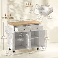 HOMCOM Kitchen Island with Storage, Rolling Trolley Cart with Rubber Wood Top, Spice Rack, Towel Rack, Grey(m-3)